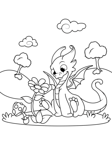 371x480 Cute Dragon Sniffing Flower Coloring Page Free Printable