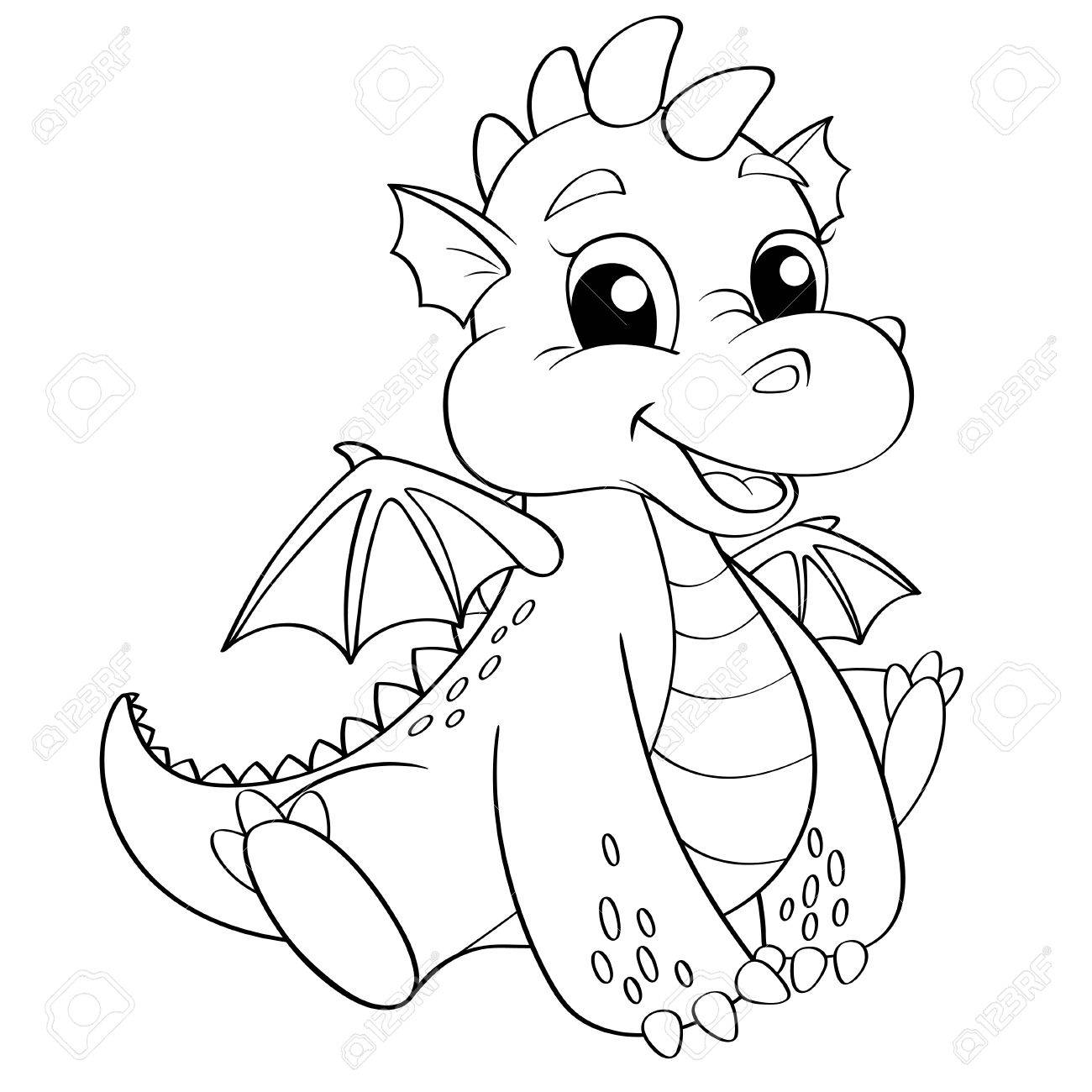 1300x1300 Cute Dragon. Black And White Illustration For Coloring Book