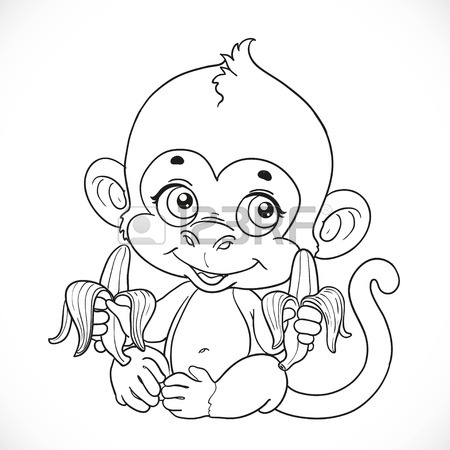 450x450 Cute Baby Monkey With Banana Hanging On The Liana Outlined