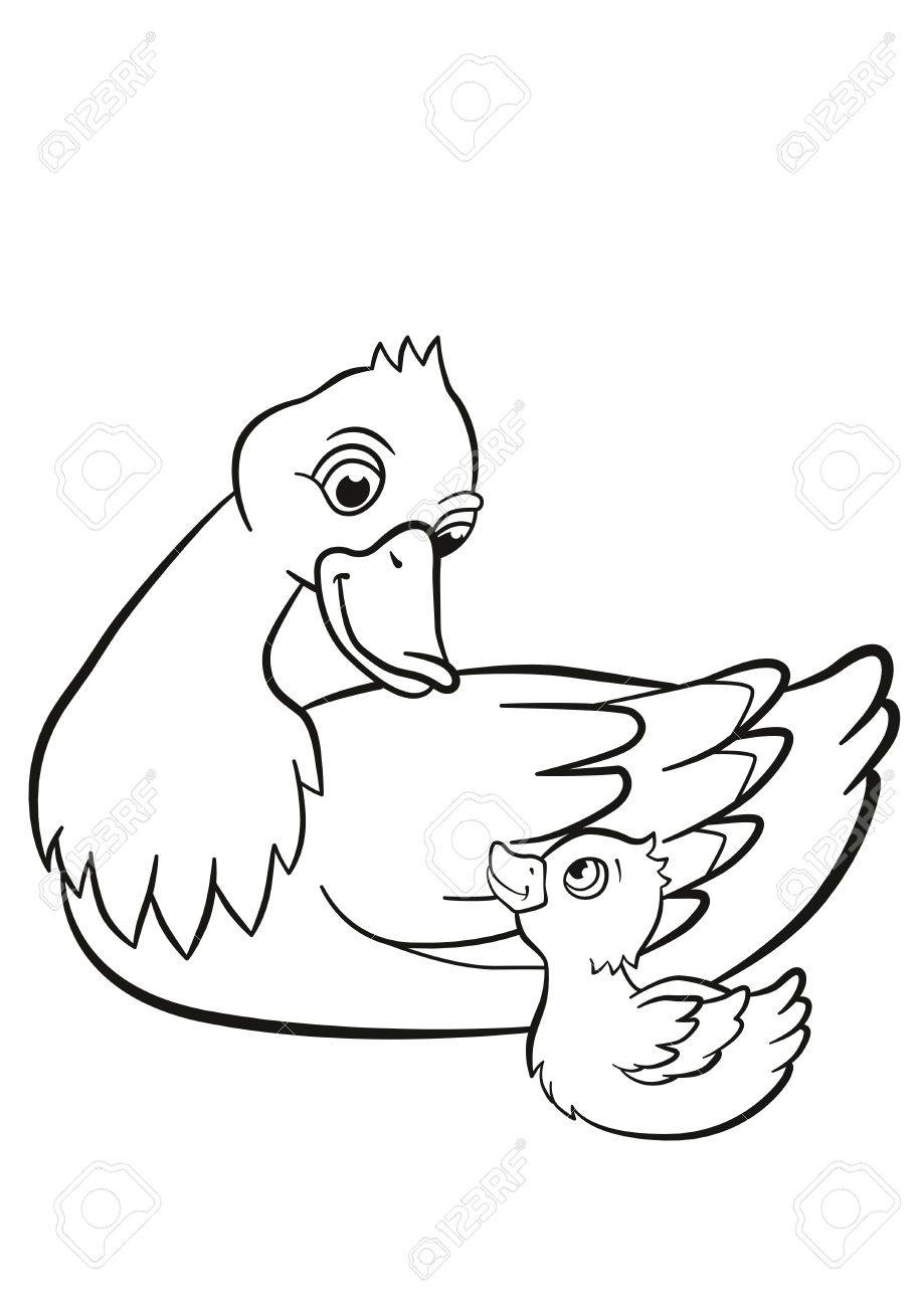 919x1300 Coloring Pages. Kind Duck And Little Cute Duckling Swim On