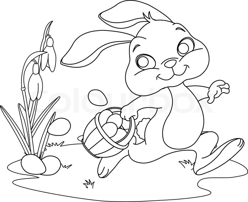 800x651 Cute Easter Bunny Hiding Eggs. Coloring Page Stock Vector