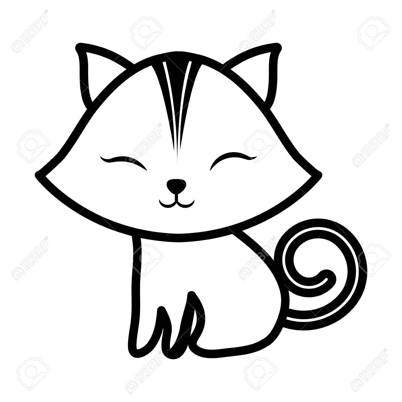 1300x1300 Cute Cat Closed Eyes Spiral Tail Outline Vector Illustration