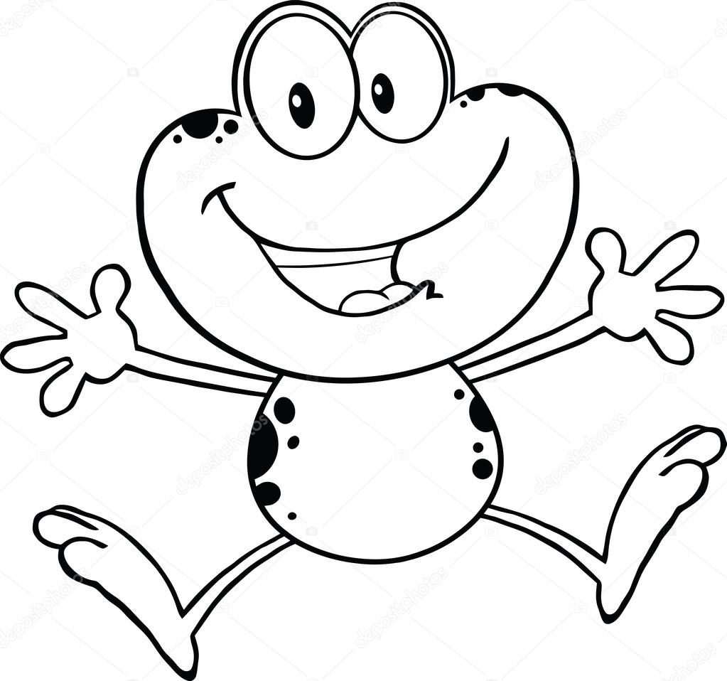 1023x958 Black And White Cute Frog Cartoon Mascot Character Jumping Stock