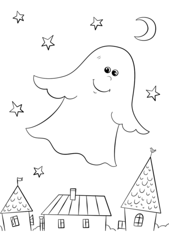 340x480 Cute Ghost Flying Over Rooftops Coloring Page Free Printable