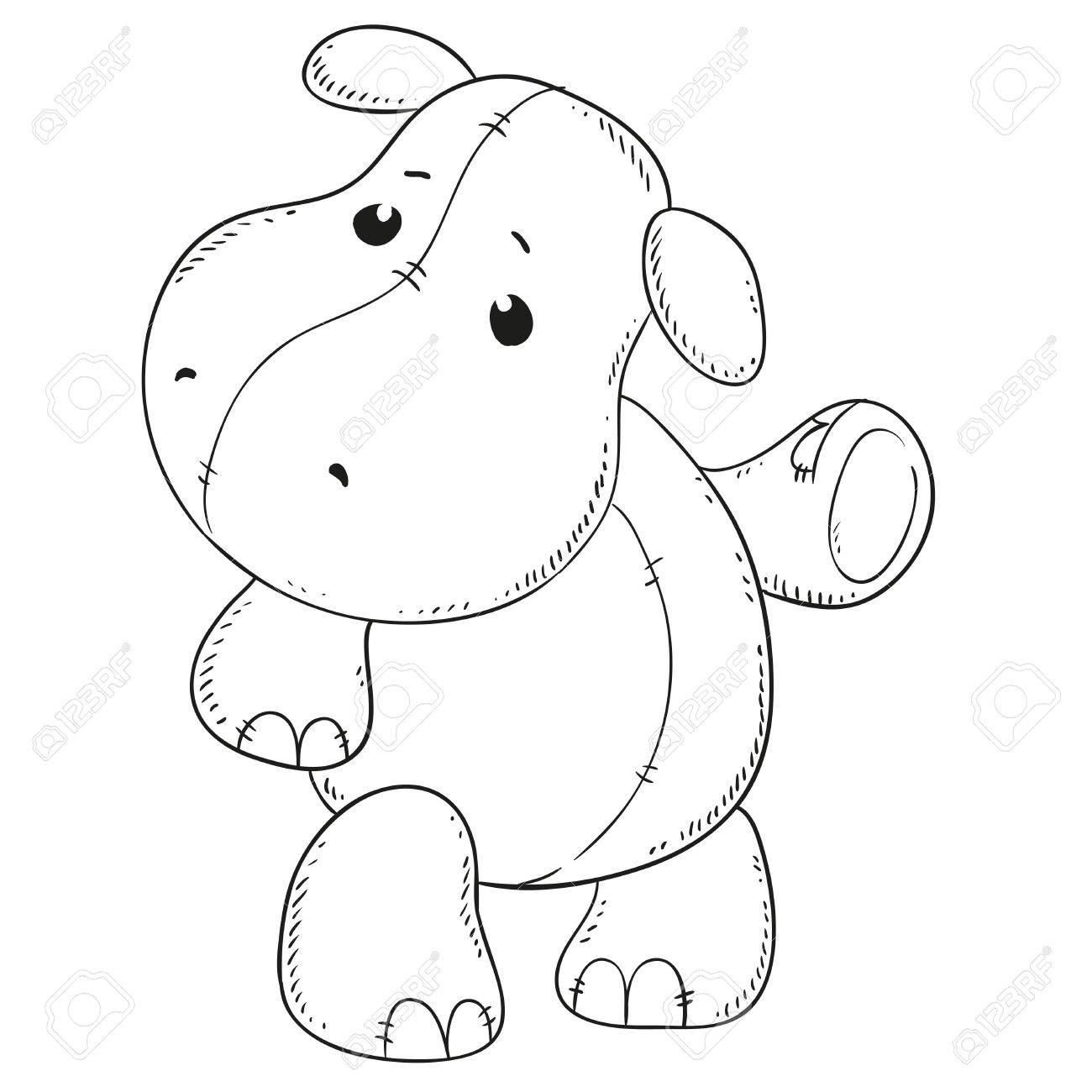 1300x1300 Cute Hippo. Black Outline For Coloring Book. Vector Contour