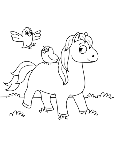 371x480 Cute Horse And Two Little Birds Coloring Page Free Printable