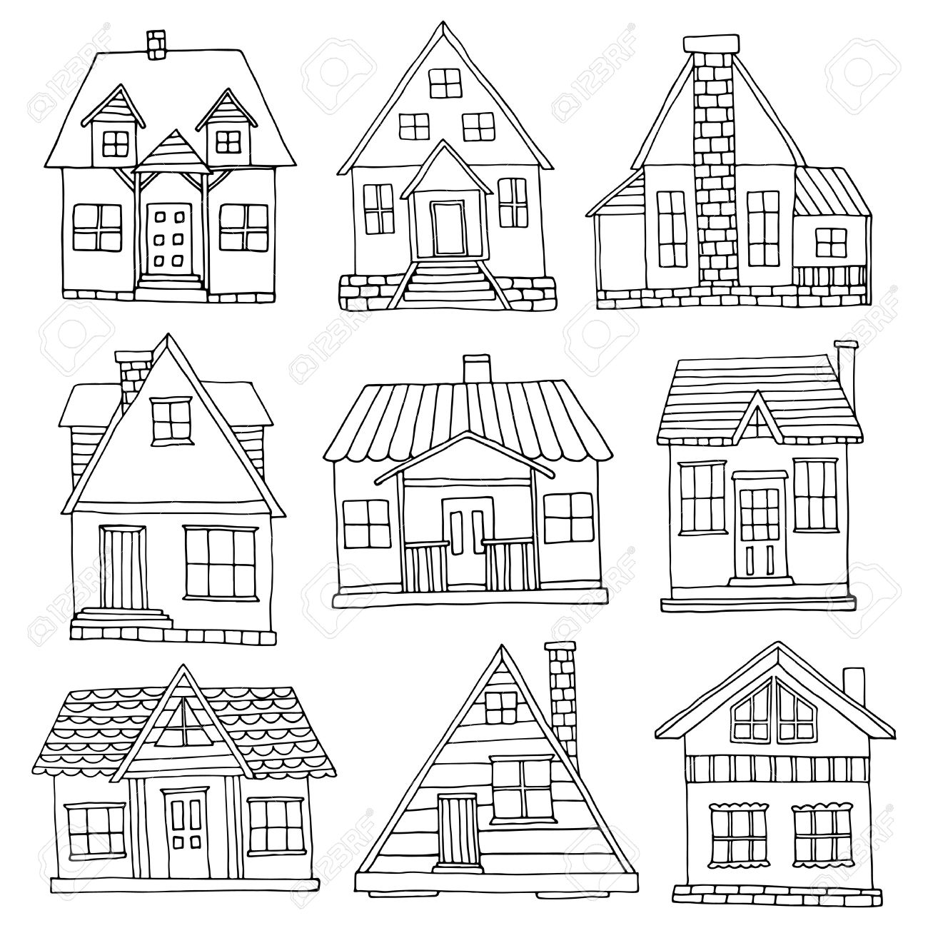 1300x1300 House Set. Hand Drawn Cute Cabins Collection Royalty Free Cliparts