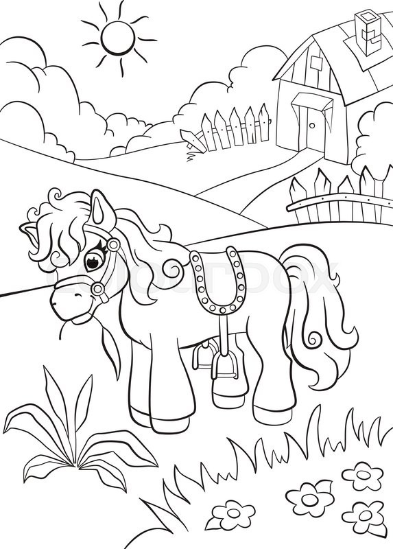 573x800 Coloring Pages. Little Cute Pony Eating Grass On The Farm. Little