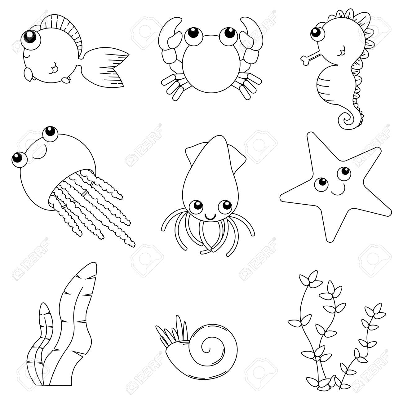 1300x1300 Flat Design Cute Animals Set. Underwater Life Fish, Jellyfish