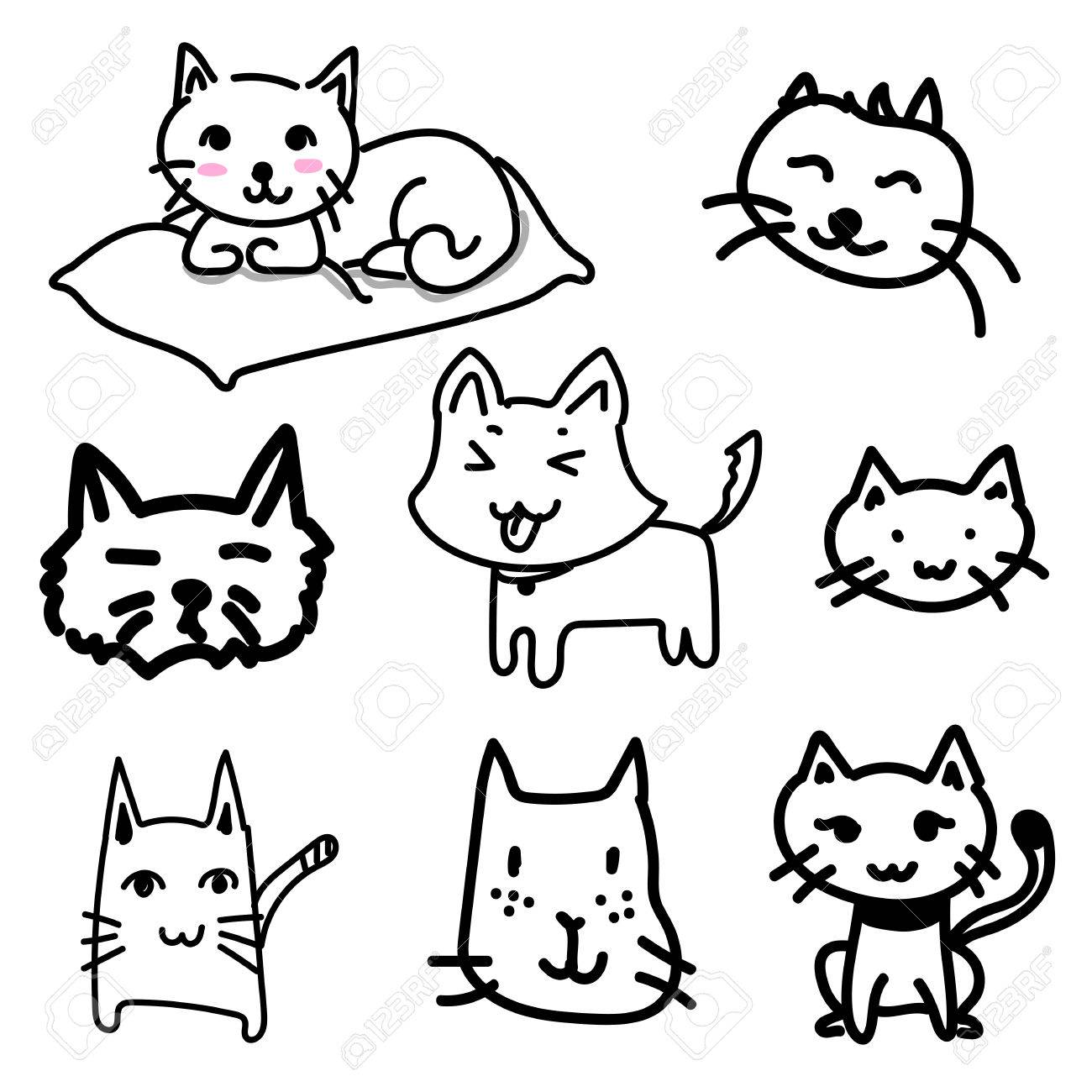 1300x1300 Cat Doodle Drawing A Vector On White Background, Set Of Black