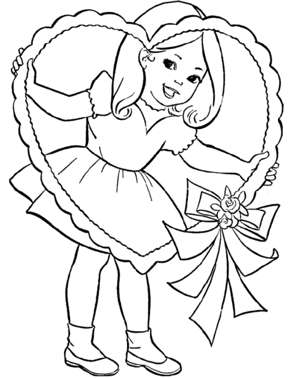 600x770 Cute Little Girl And Valentine Heart Coloring Page