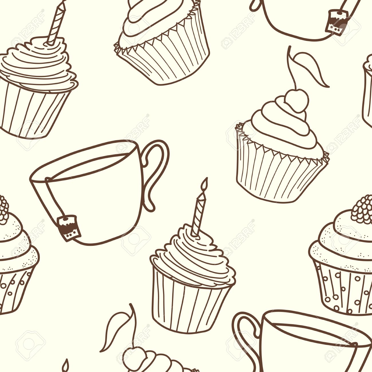 1300x1300 Seamless Pattern With Hand Drawn Cartoon Cupcakes And Tea Cups