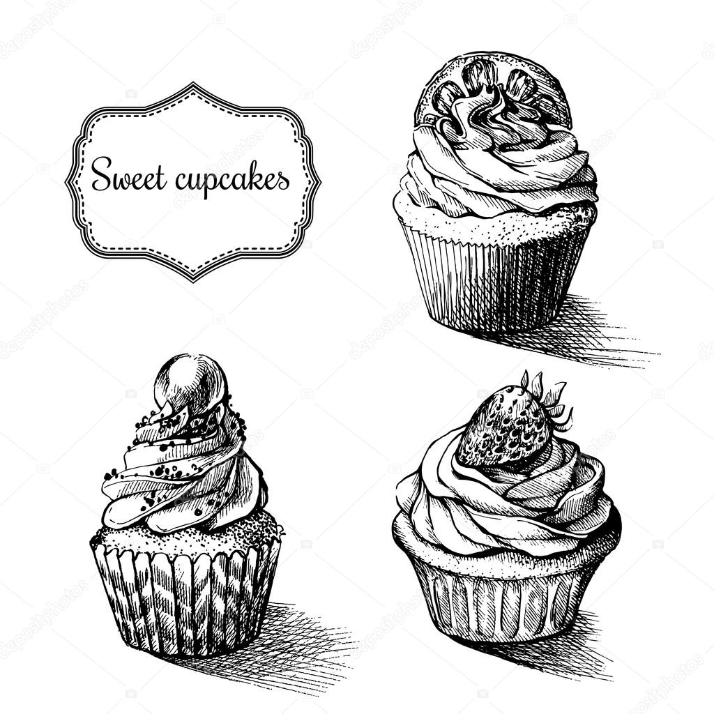 1024x1024 Vector Monochrome Background. Hand Drawn Sweet Cupcakes With Lemon