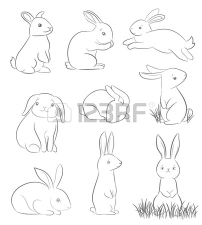 404x450 Set Of Cute Cartoon Rabbits. Line Art Vector Drawing Royalty Free
