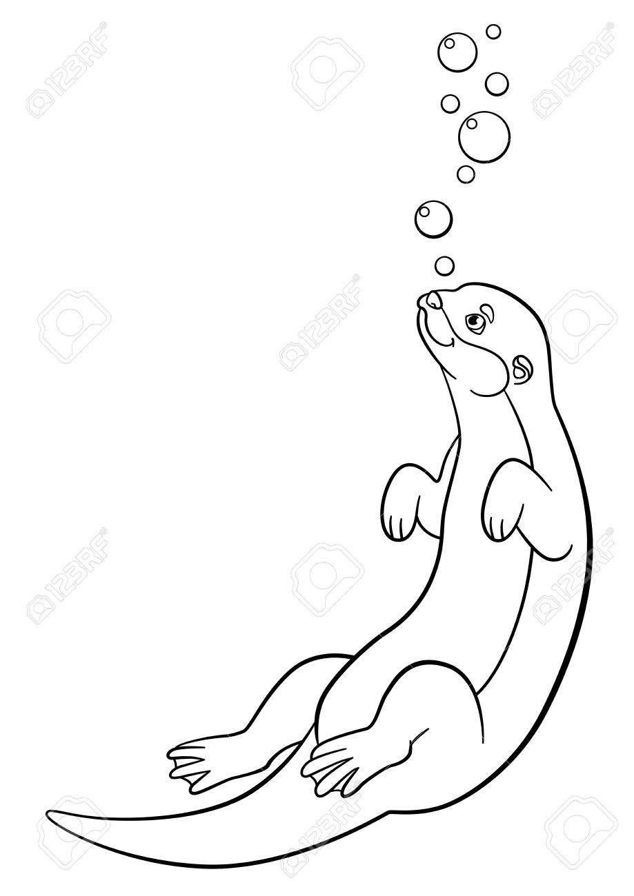 919x1300 Coloring Pages. Little Cute Otter Swims And Smiles. Royalty Free