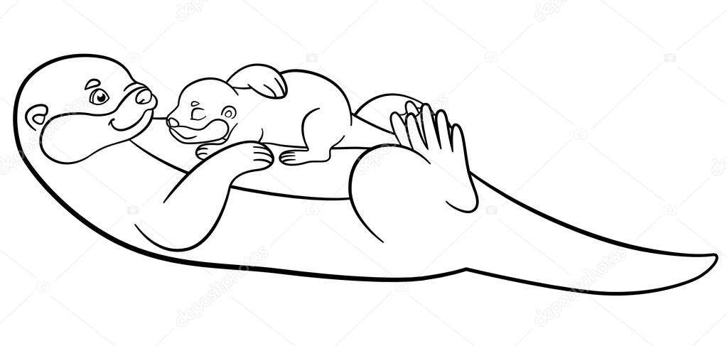 1023x487 Coloring Pages. Mother Otter Swims With Her Cute Baby. Stock