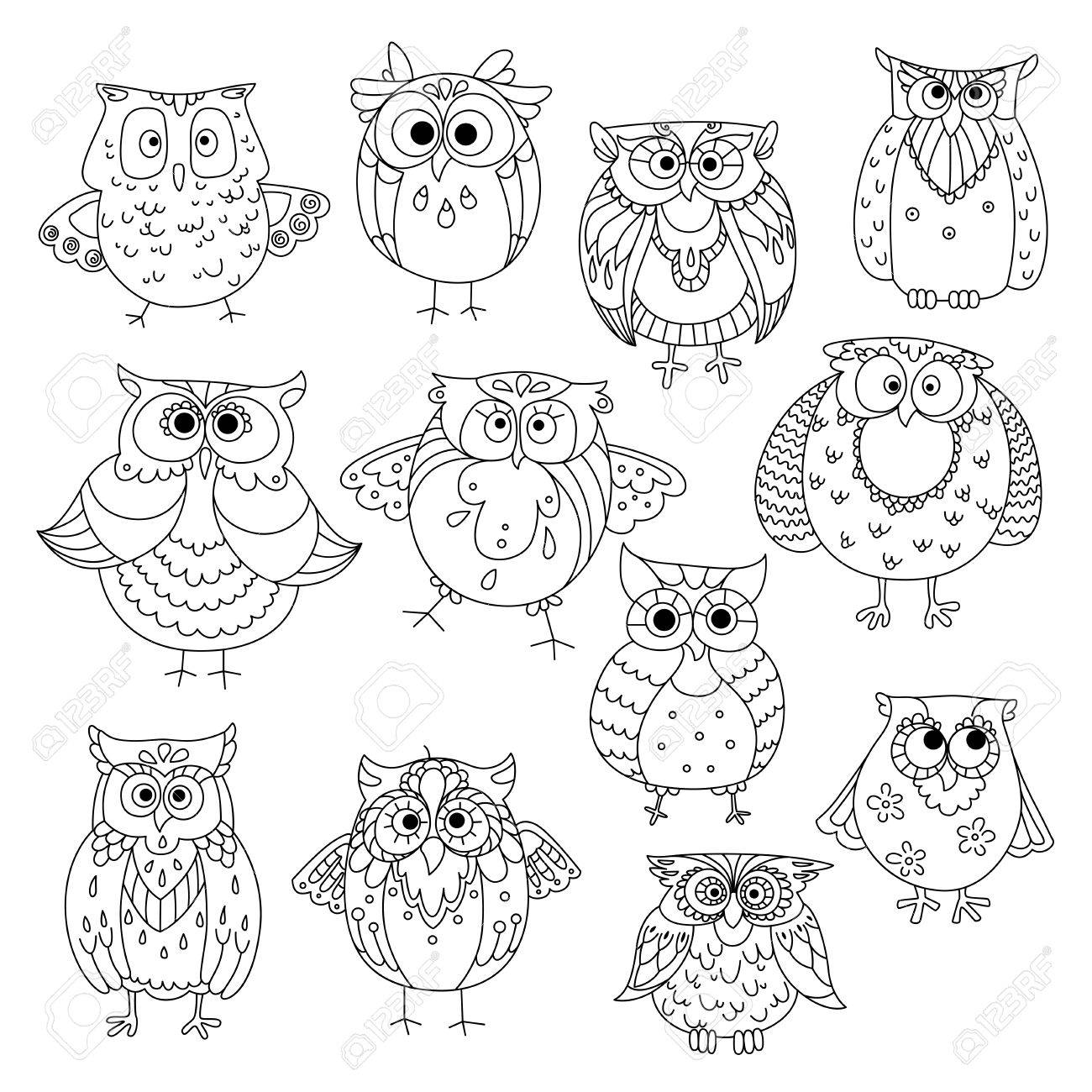 1300x1300 Decorative Sketches Of Cute Owls With Young Owlets, Wise Horned