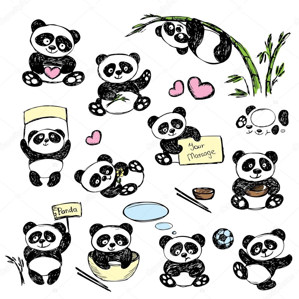 1024x1024 Set Cute Panda In Various Poses, Hand Drawing Stock Vector