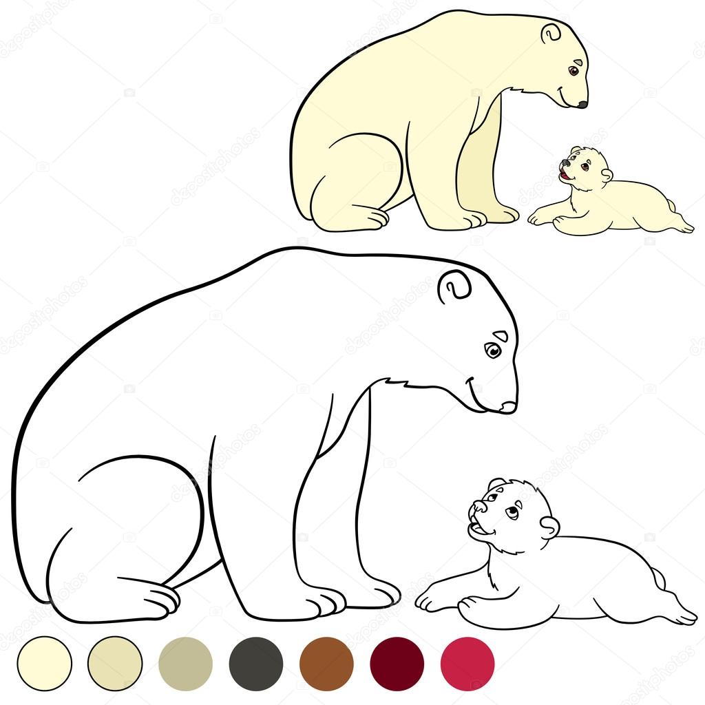 1024x1024 Coloring Page. Mother Polar Bear With Her Cute Baby. Stock