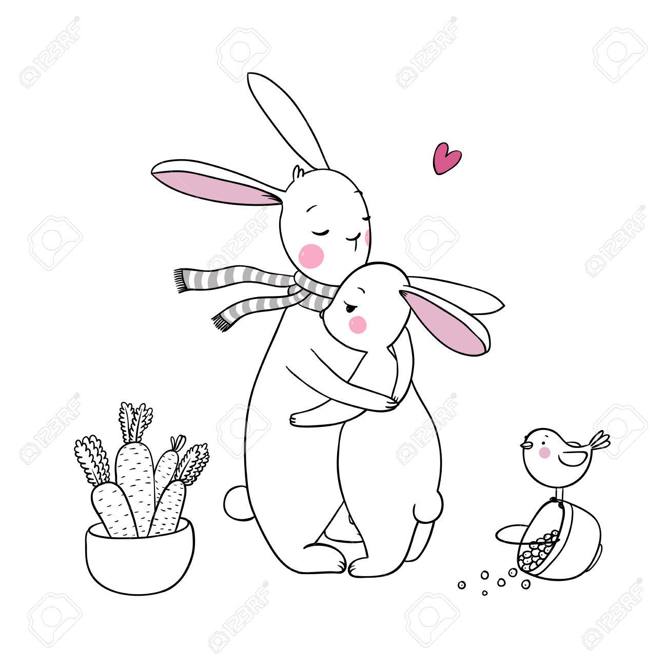 1300x1300 Cute Rabbits, A Basket Of Carrots And A Bird. Hand Drawing