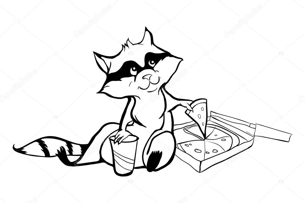 1023x682 Cute Raccoon With Pizza And Pop Monochrome Vector Stock Vector