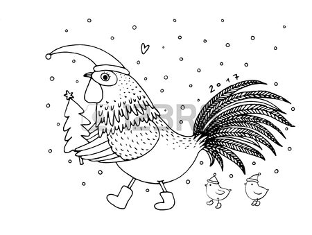 450x339 Cartoon Rooster Cute, Little Chickens And Christmas Tree. Isolated