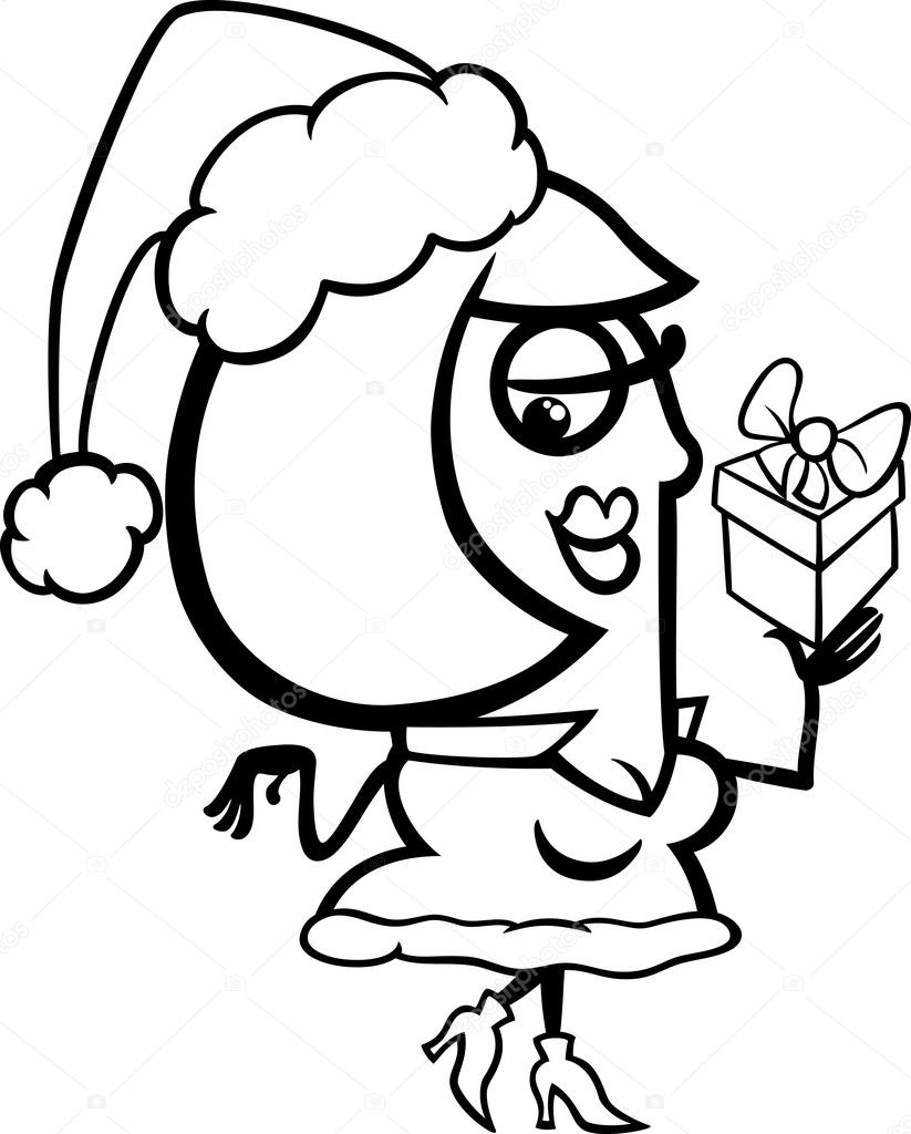 823x1024 Woman Santa With Gift Coloring Page Stock Vector Izakowski