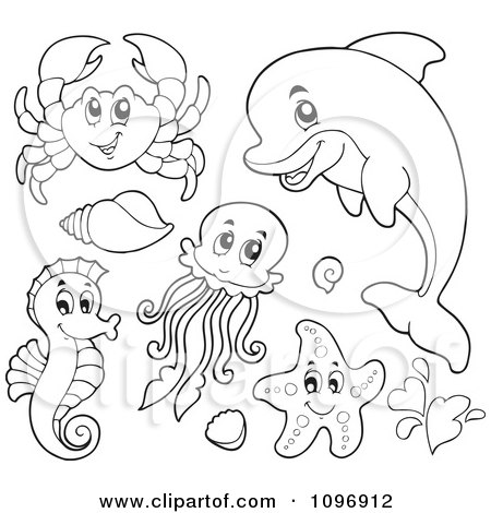 450x470 Clipart Outlined Cute Crab Dolphin Squid Seahorse And Starfish