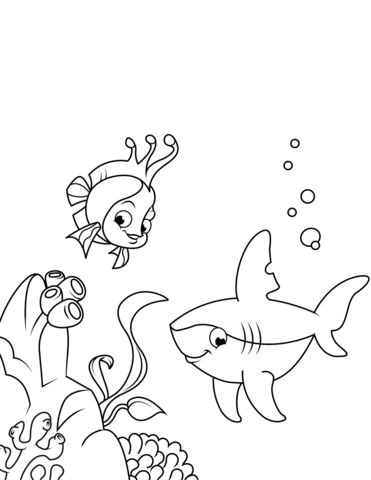 371x480 Cute Shark And Coral Reef Fish Coloring Page Free Printable