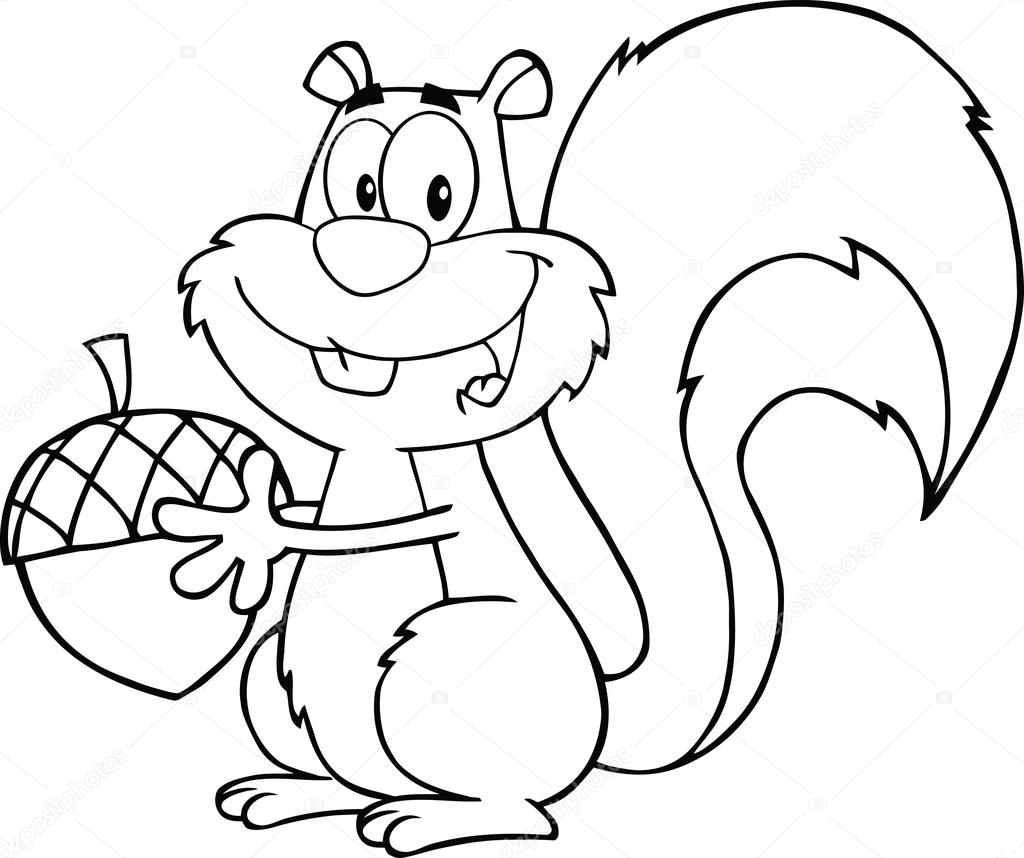 1024x858 Black And White Cute Squirrel Cartoon Character Holding A Acorn