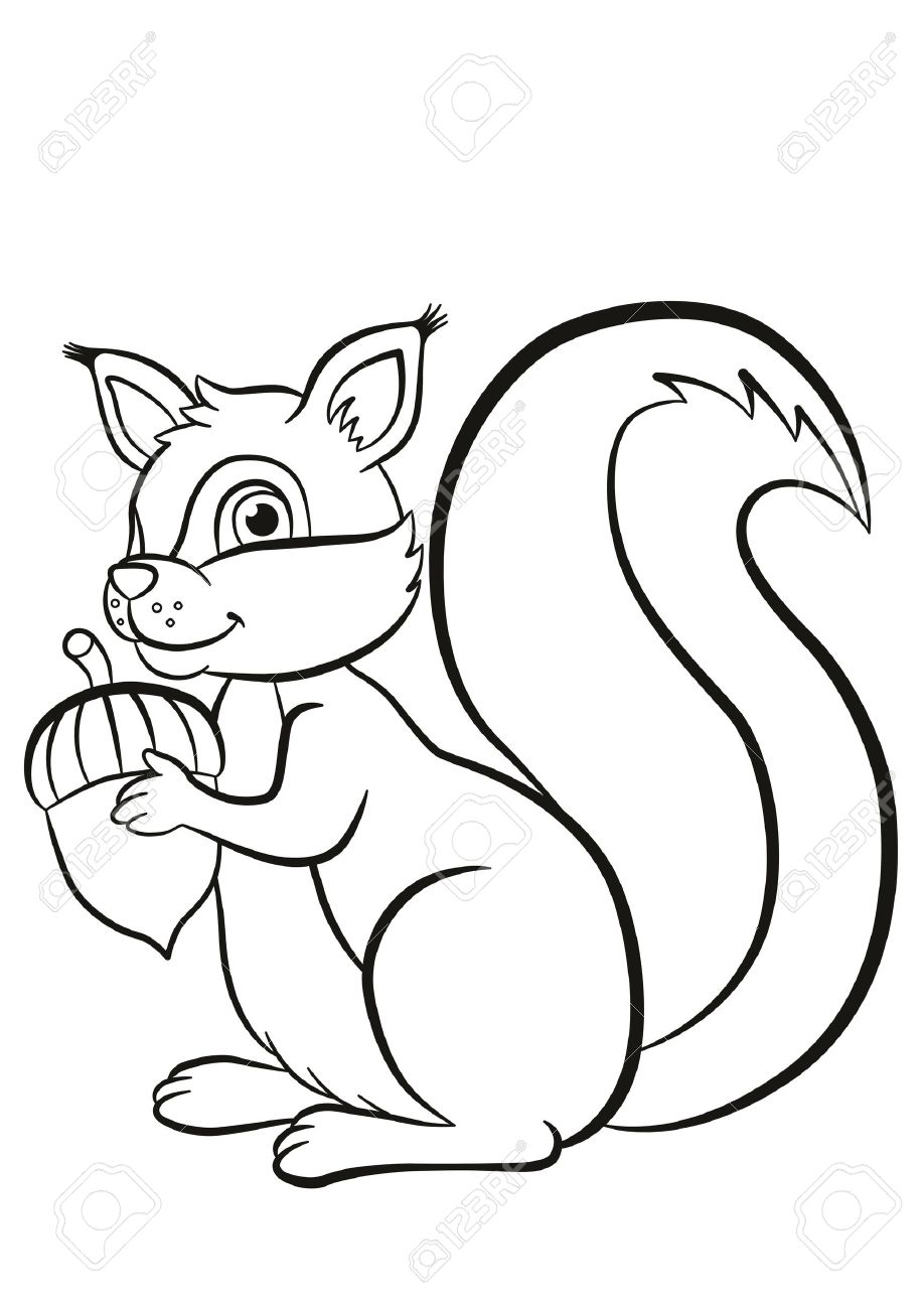 918x1300 Coloring Page. Little Cute Squirrel Stands And Holds An Acorn