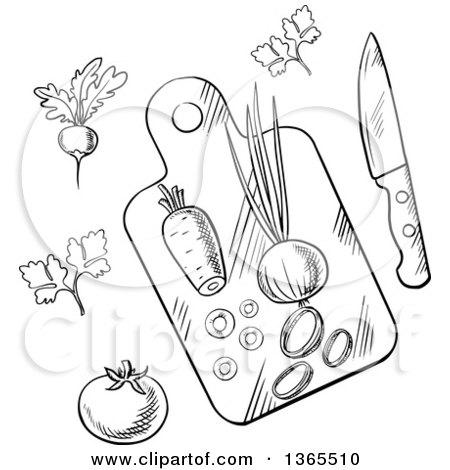 450x470 Clipart Of A Black And White Sketched Cutting Board And Veggies