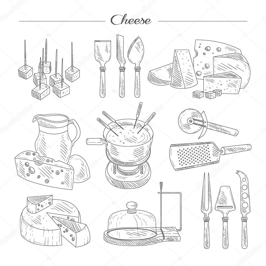 1024x1024 Cheese And Cutting Tools. Sketch Vector Illustration Set. Stock
