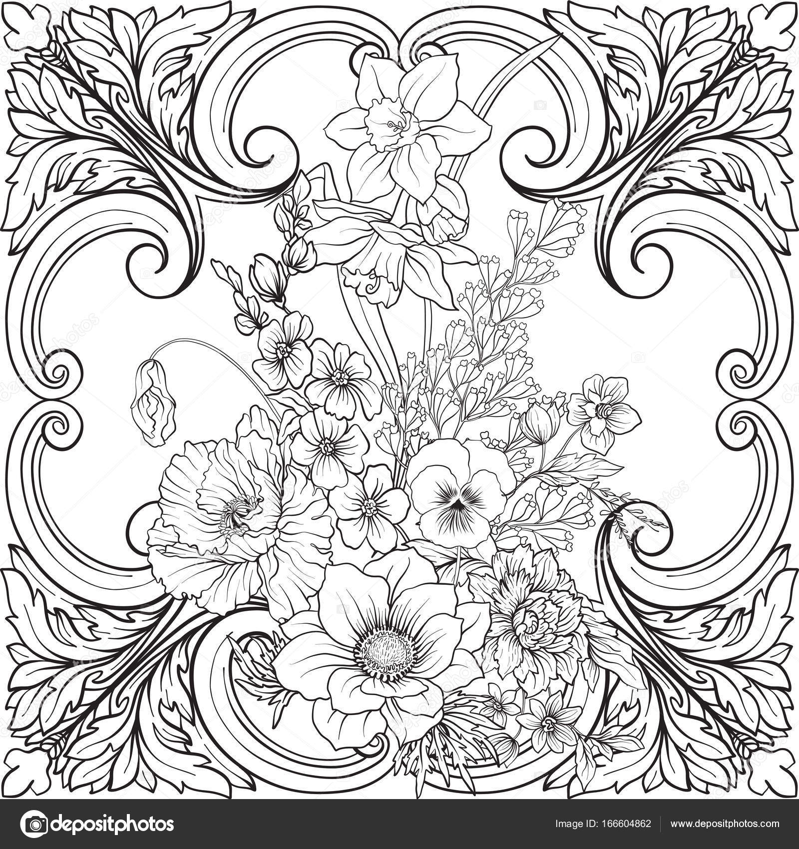 1600x1700 Seamless Pattern With Daffodils, Anemones, Violets In Botanical