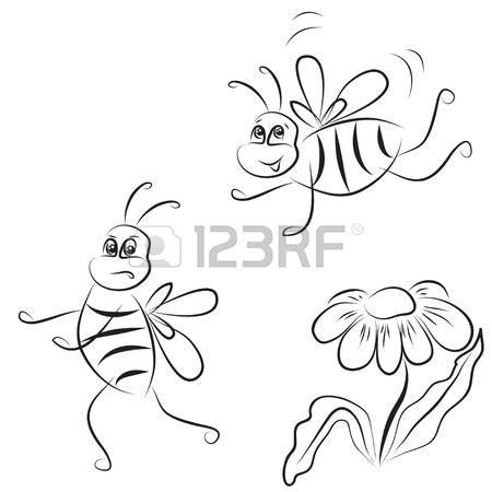 450x450 Simple Outline Drawing Bee And Daisy On A White Background Royalty