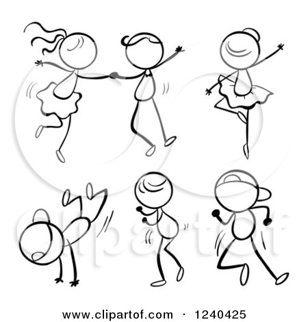 450x470 Clipart Of A Black And White Stick Children Dancing