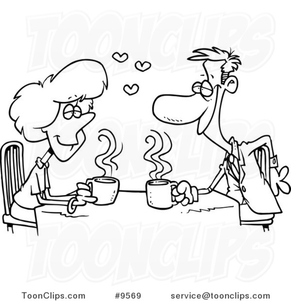 581x600 Cartoon Black And White Line Drawing Of Coffee Lovers On A Date
