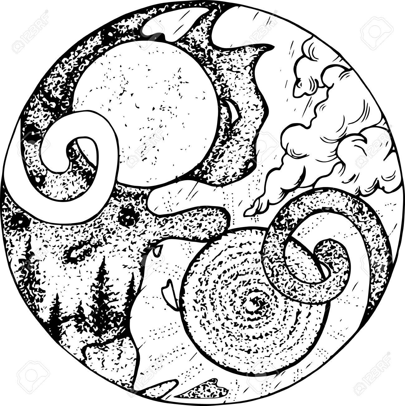 1299x1300 Illustrated Symbol Of Yin Yang With Two Cats. Landscapes Of Day