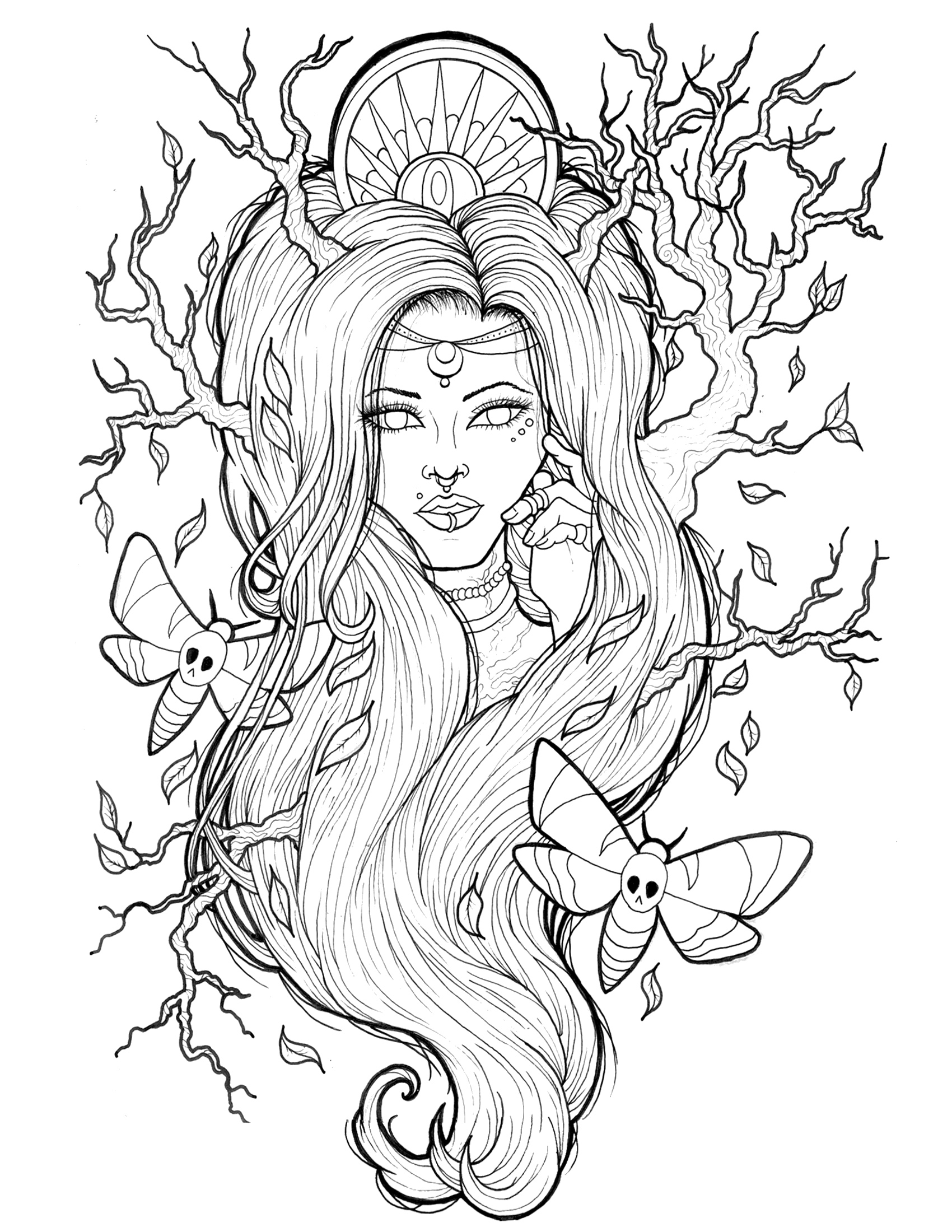 1700x2200 Outline Drawing Of Girl In Fall Autumn With Death Moths And Dead