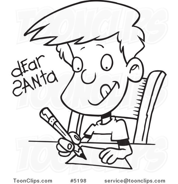 581x600 Cartoon Black And White Line Drawing Of A Boy Writing A Dear Santa