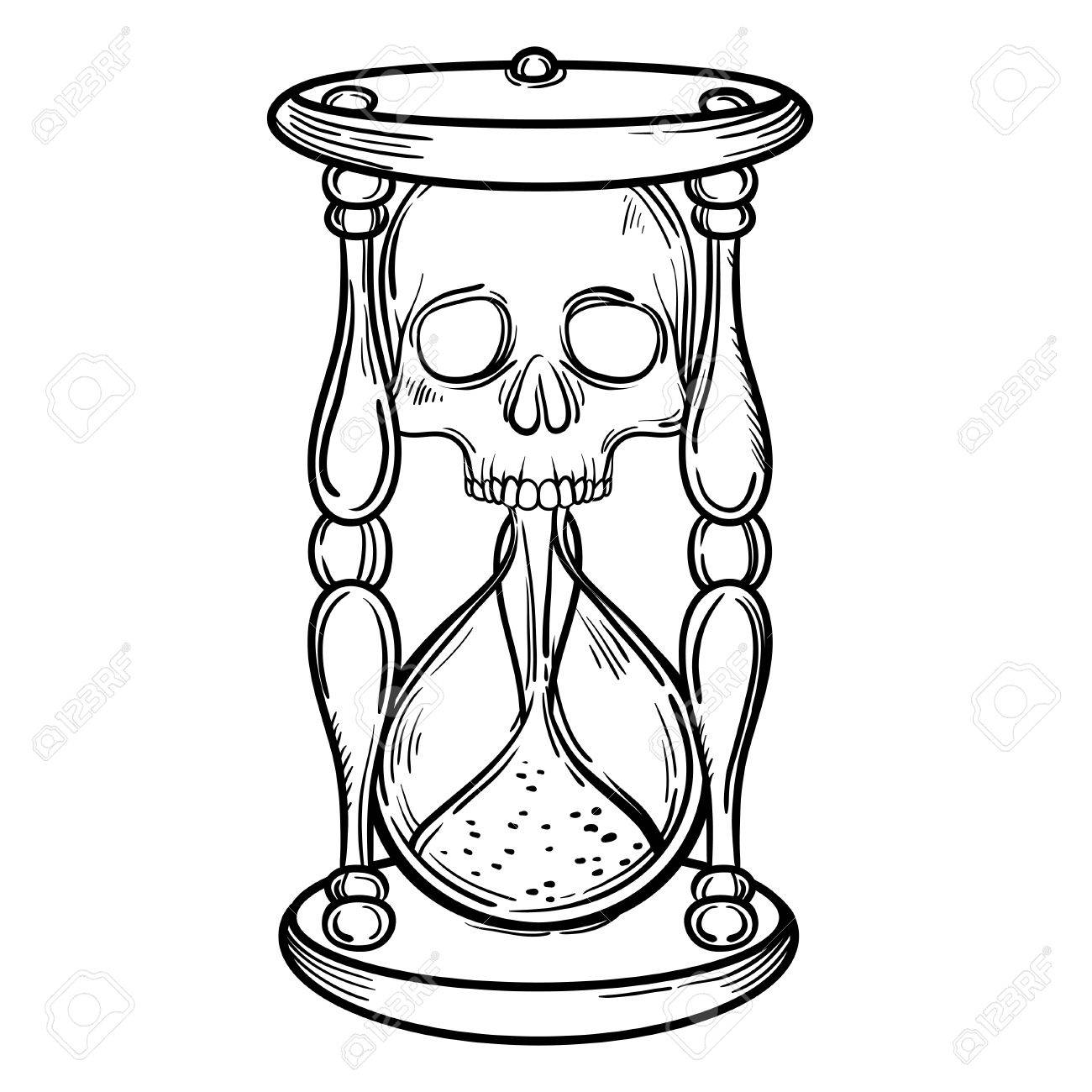 1300x1300 Decorative Antique Death Hourglass Illustration With Skull. Hand
