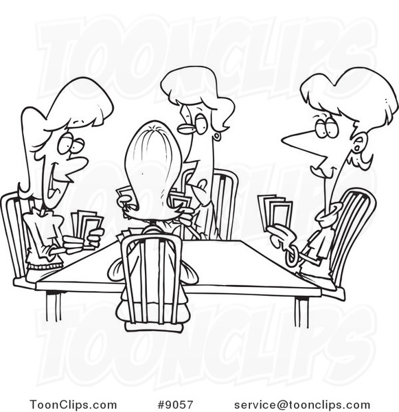 581x600 Cartoon Black And White Line Drawing Of Ladies Playing Cards