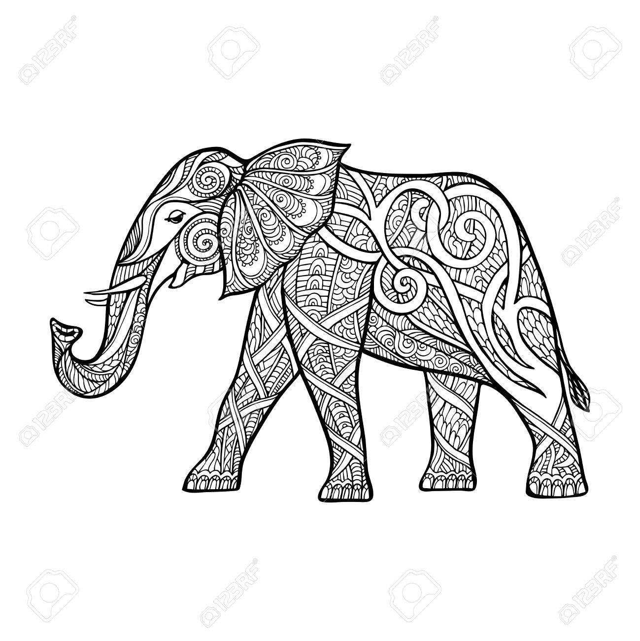 1299x1300 Decorative Elephant. Outline Drawing. Vector Illustration. Royalty