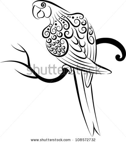 414x470 Bird Vector 3 (Parrot). Parrot Drawing With Curl Ornament