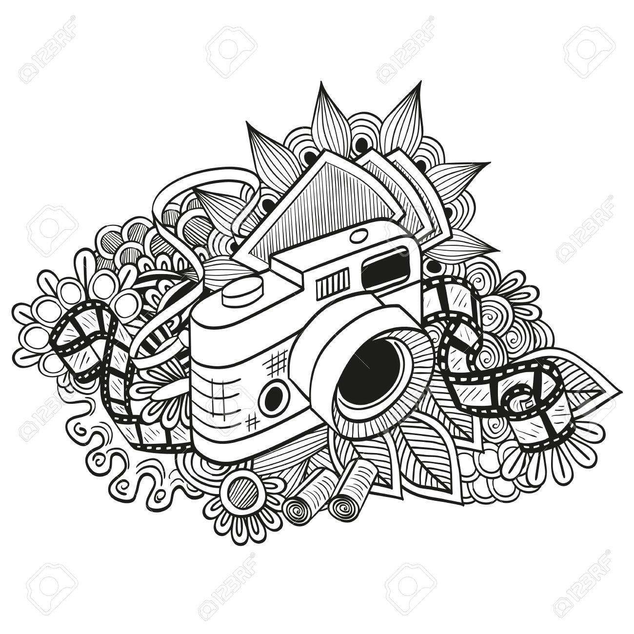 1300x1300 Decorative Drawing Ornamental Card With Retro Camera Royalty Free