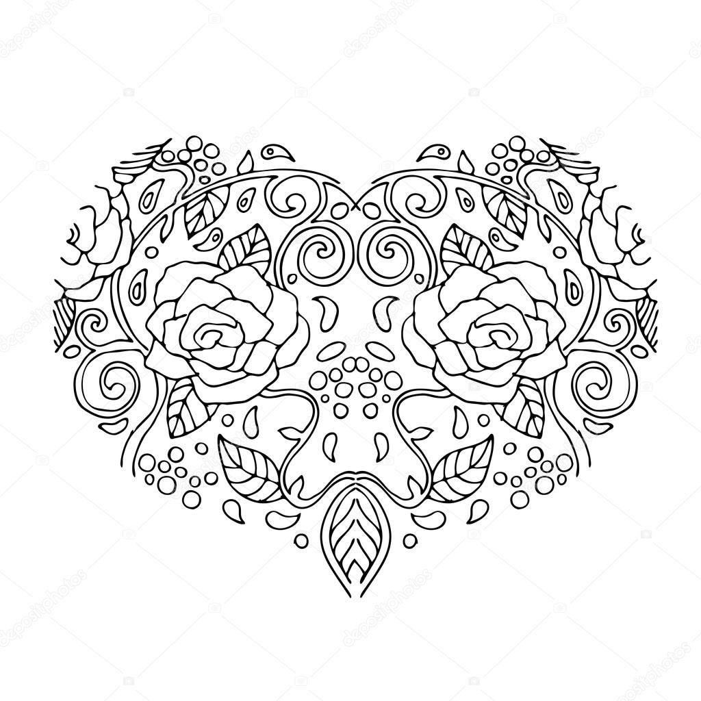 1024x1024 Decorative Love Heart With Flowers Valentines Day Card. Coloring