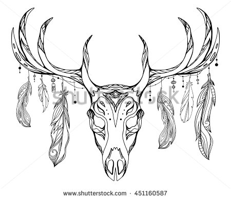 450x388 Contour Illustration Of A Deer Skull With Antlers And Feathers