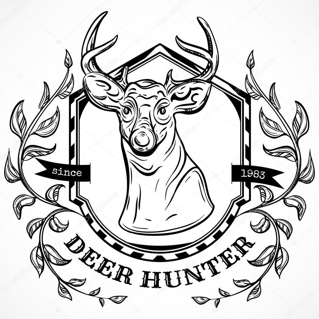 1024x1024 Deer Hunter Vector Label Design Template. Hand Drawn Head Of Deer