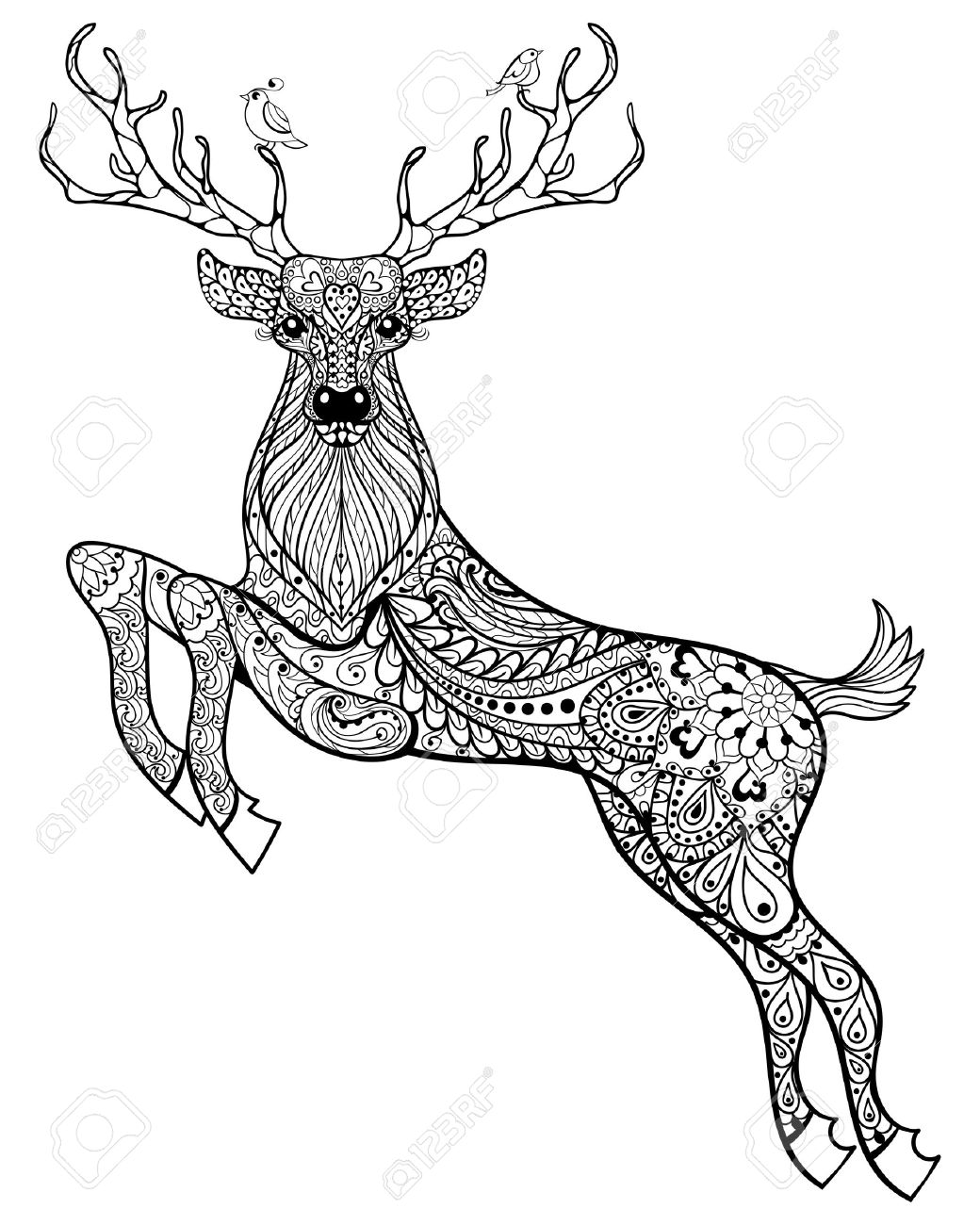 1040x1300 Hand Drawn Magic Horned Deer With Birds For Adult Anti Stress