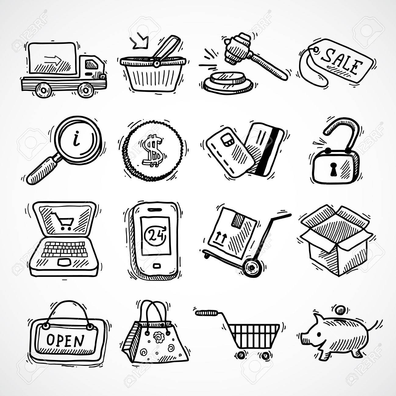 1299x1300 E Commerce Shopping Icons Sketch Set Of Delivery Truck Credit Card